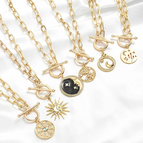 Miniatura 8 de DoreenBeads 18K Gold Plated Sun Moon Star Evil Eye Pendant Necklace Toggle Paperclip Chain Necklace Jewelry Gift for Women Girls