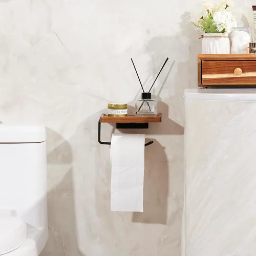 Miniatura 5 de Yangbaga Soporte de papel higiénico con estante: almacenamiento de rollo de papel higiénico de baño con adhesivo y tornillo, accesorios de baño