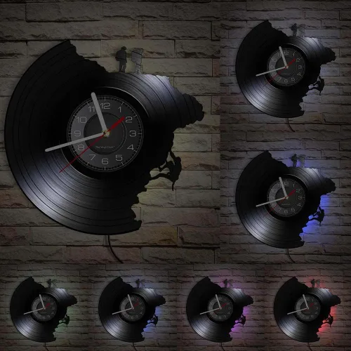 Reloj de pared con registro de vinilo de escalada de 12 pulgadas, 7 colores, LED, funciona con pilas, decoración de pared negra, escalador de roca,