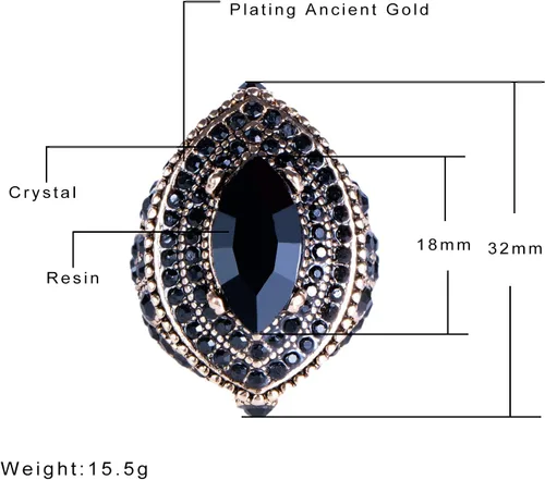 Miniatura 6 de Anillo de mujer - 1.260 in de gran tamaño chapado en oro antiguo estilo turco negro piedra preciosa anillo vintage joyería de las mujeres J0769BLK