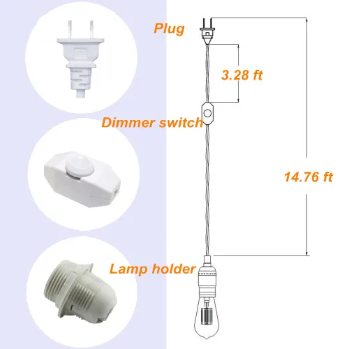 Miniatura 4 de Cable de luz colgante regulable con interruptor de atenuación, kit de cable de lámpara colgante de 15 pies con luz E26/E27Socket Swag con ganchos