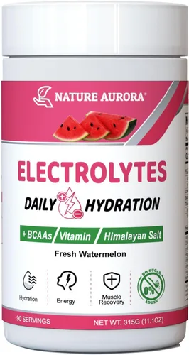 Electrolitos en polvo sin azúcar, polvo de electrolito de sandía fresca, polvo de hidratación, mejorado con sal del Himalaya, BCAA y vitaminas B,