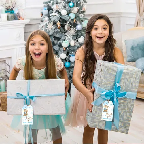 Miniatura 6 de Etiquetas de agradecimiento de oso, 50 etiquetas de regalo azules con cuerda para baby shower, etiquetas de regalo de agradecimiento para celebrar
