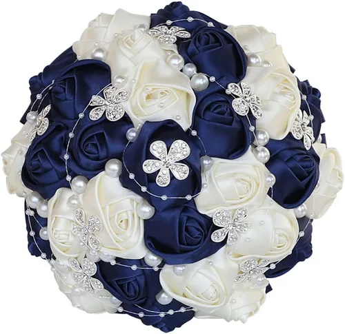 Miniatura 21 de Sharebeauty Ramo de novia de satén hecho a mano de 5.9 pulgadas, ramo de boda, ramo de flores artificiales, color azul claro + blanco W224