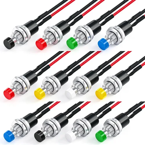 Miniatura 8 de Twidec /6 unids interruptor de botón momentáneo de 0.472 in agujero de montaje de 1/2 "encendido apagado mini redondo impermeable negro con cables