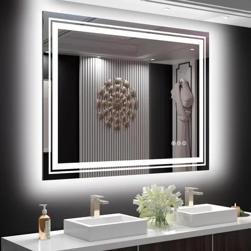 Miniatura 7 de Snowdool - Espejo LED para baño de 48"X36" con 8 luces RGB retroiluminadas + 3 luces frontales (ajustables individualmente), antiempañamiento, 3