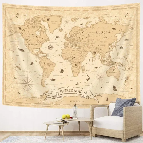 Hajmsug Tapiz vintage de mapa del mundo para colgar en la pared para estudiantes y niños, mapa educativo del mundo, tapices artísticos para la