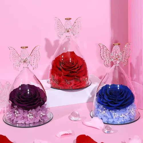 Miniatura 5 de Regalo de rosa para el día de la madre, rosa real preservada en figura de ángel de cristal grande, regalos de rosas para mujeres, regalo de flores