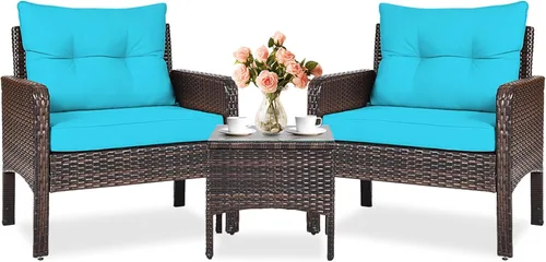 KOTEK Juego de muebles de patio de 3 piezas, juego de muebles de mimbre para exteriores con 4 cojines, juego de muebles de ratán PE para todo tipo