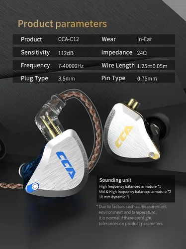 Miniatura 9 de CCA C12 en auriculares con monitor de oído 5BA 1DD híbridos HiFi IEM Auriculares con aislamiento de ruido auriculares estéreo con cable para músicos