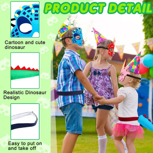 Miniatura 3 de Leitee Juego de 20 dinosaurios de fieltro, 10 colas y 10 máscaras de dragón para recuerdos de fiesta de dinosaurios para niños pequeños, fiesta