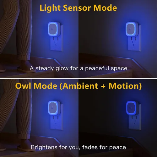 Miniatura 2 de YUNLEX Paquete de 2 luces nocturnas enchufables con sensor de movimiento y sensor de atardecer a amanecer, 3 modos de sensor, luces nocturnas azules