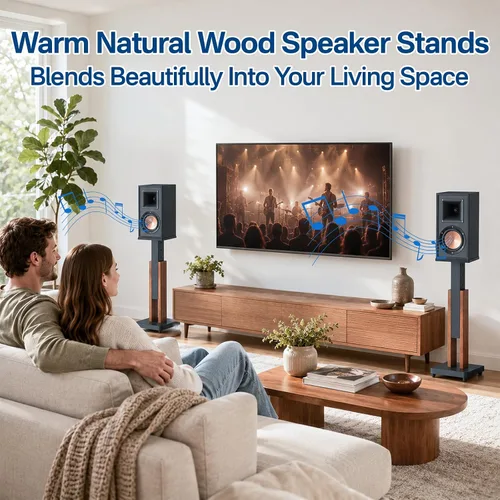 Miniatura 8 de Par de soportes ajustables en altura para altavoces de monitor de estudio y estantería - Soportes de pie para altavoces con grano de madera