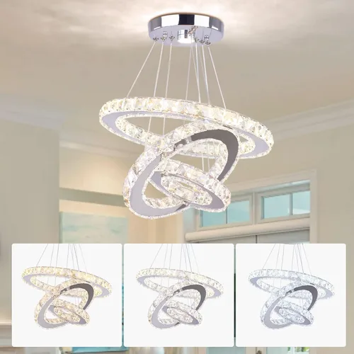 Miniatura 15 de Candelabro LED de cristal con iluminación regulable LED moderna lámpara de techo de 3 anillos ajustable de acero inoxidable para dormitorios y sala