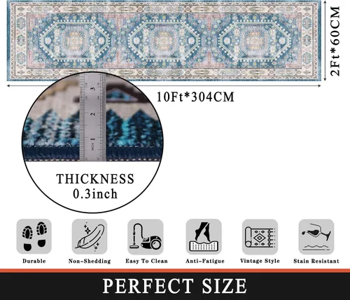 Miniatura 2 de vivorug Alfombra de pasillo azul de 2 x 10 pulgadas, lavable a máquina, con parte trasera antideslizante, ideal para cocina, pasillo, entrada, Azul