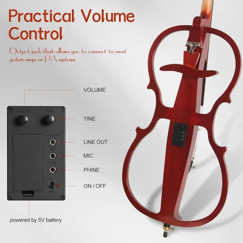 Miniatura 4 de Violonchelo eléctrico, violonchelo silencioso de tamaño completo 4/4 con conector para auriculares y bolsa de transporte, violonchelo profesional