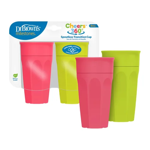 Dr. Brown's Milestones Cheers 360 Taza de transición sin boquilla, apta para viajes y sin fugas para bebés y niños pequeños, verde y rosa, libre de