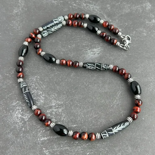 Miniatura 2 de Mami's Gem Studio Collar de estilo tribal para hombre, cuentas con hueso tallado, ónix negro y piedras preciosas, hecho a mano en Estados Unidos