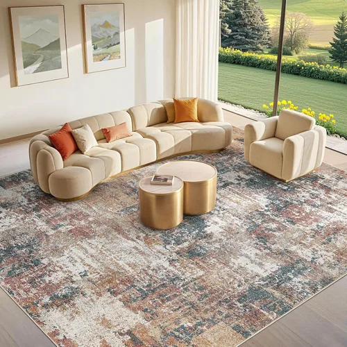 Miniatura 41 de Tortania Alfombra redonda lavable de 5 pies para sala de estar: Alfombra moderna abstracta neutra grande suave y delgada – Alfombra antideslizante