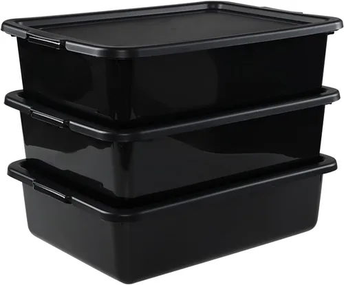 Taysisiter - Tina de plástico para autobús comercial de 13 L con tapa, contenedor de autobús para restaurante, color negro, paquete de 3