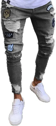 Pantalones de mezclilla ajustados para hombre, ajustados, rasgados, ajustados, desgastados, con agujeros rasgados