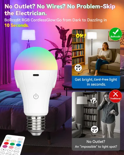 Miniatura 3 de BoRccdit CordlessGlow - Bombillas recargables con control remoto, 5 RGB + 3 CCT regulables, funciona con pilas, para lámparas cableadas y sin