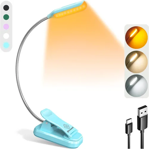 Luz de lectura Glocusent Willow para leer en la cama, luz de lectura brillante de 10 LED, 3 colores y 3 niveles de brillo, luz de lectura recargable