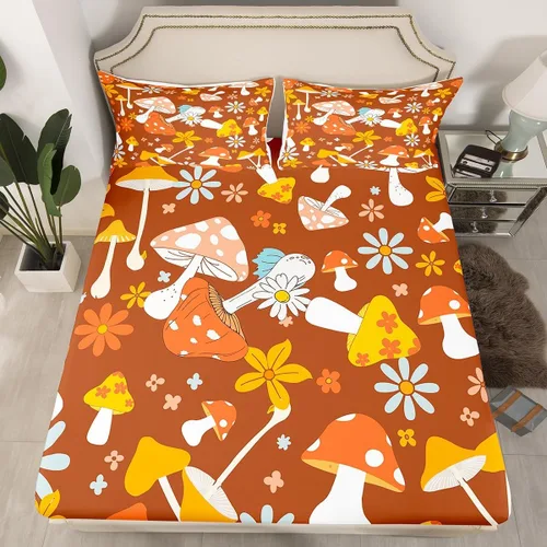 Miniatura 12 de Juego de sábanas ajustadas estilo 70s hippie retro para cama individual, juego vintage de otoño con hojas florales para niños y niños, juego de ropa