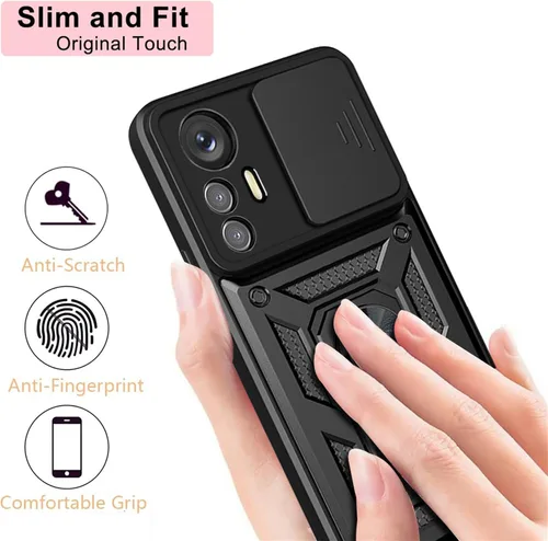 Miniatura 5 de Funda de teléfono celular para Xiaomi Redmi Note 12S, protección resistente con cubierta deslizante para cámara, soporte giratorio de metal de 360°