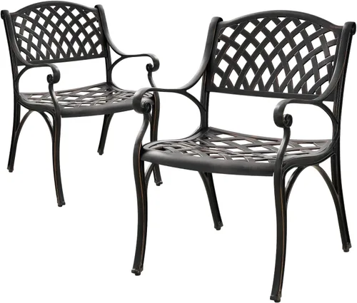 Miniatura 12 de Juego de 2 sillas de comedor de aluminio fundido para exteriores, juego de sillas de bistró para patio con reposabrazos, sillas de comedor