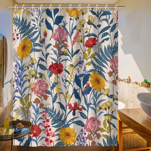 Miniatura 3 de RosieLily Cortinas de ducha, juego de cortinas de ducha florales con 12 ganchos, cortinas de ducha coloridas florales y hojas, decoración de baño