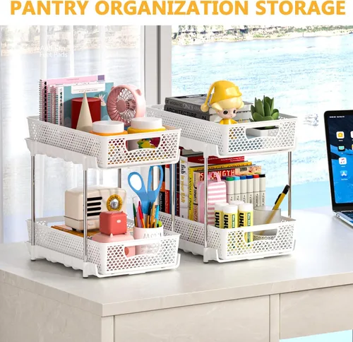 Miniatura 6 de DABIGE Paquete de 2 organizadores de baño extraíbles y almacenamiento, organizador de almacenamiento apilable de 2 niveles para baño, gabinete