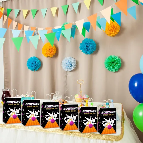 Miniatura 6 de Paquete de 12 bolsas de regalo con diseño de boliche para fiestas, bolsas de golosinas con mango para fiesta de cumpleaños con temática de boliche