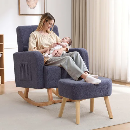 Miniatura 12 de HCHAIRH Mecedora para guardería con otomana, mecedora tapizada con respaldo alto y bolsillo lateral, sillón con patas de madera maciza para Gris