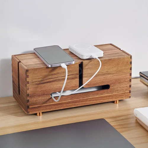 SARUFO Caja de organización de cables de madera de acacia, organizador de cables de madera con 4 pies de metal, organizador para escritorio y piso,