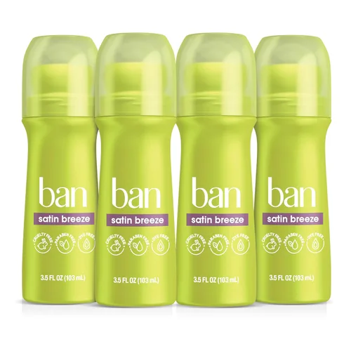 Ban Desodorante Antitranspirante Roll-on Invisible para Mujeres y Hombres, Protección contra Olor y Sudor de Axilas de 24 Horas, Satin Breeze, 3.5