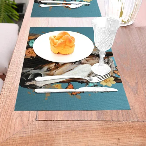 Miniatura 3 de 6 PCS PVC Placemats Set Place Mats A Horse with Flowers and Butterflies Non-Slip Weave Place Mats 12" x 18" Farmhouse Durable Table Mat Set for