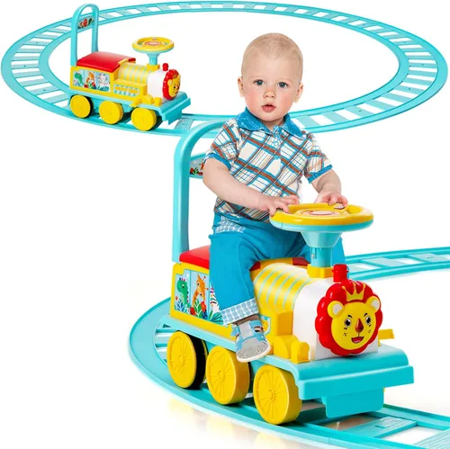 GLACER Tren de paseo con 16 pistas para niños, juguete eléctrico con luces y sonidos, caja de almacenamiento debajo del asiento y pedales Azul