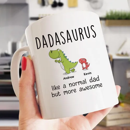 Miniatura 2 de Gossby Taza de Café Personalizada DADASAURUS – Regalo Personalizado para Papá de Niño, Hija, Hijo, Esposa Con Diseño, Nombres – Divertido Día