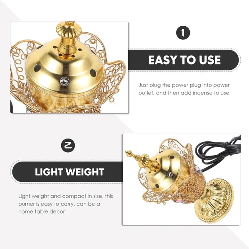 Miniatura 6 de Quemador de incienso eléctrico de metal, estilo de Oriente Medio, incensario eléctrico de mesa para hogar, oficina, yoga, spa, decoración de Dorado