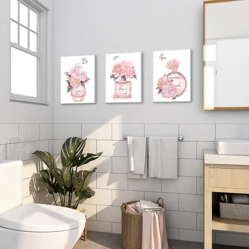 Miniatura 2 de SUMGAR Arte de pared rosa para dormitorio de niñas, decoración de pared de perfume de moda, flores, mariposas, cuadros de lienzo con marco gris
