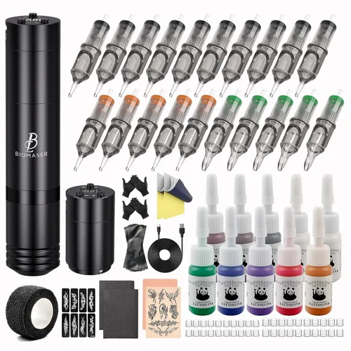 Kit de pistola de tatuaje-BIOMASER Kit de tatuaje inalámbrico completo para principiantes, juego de máquina de tatuaje rotativa, 20 agujas de