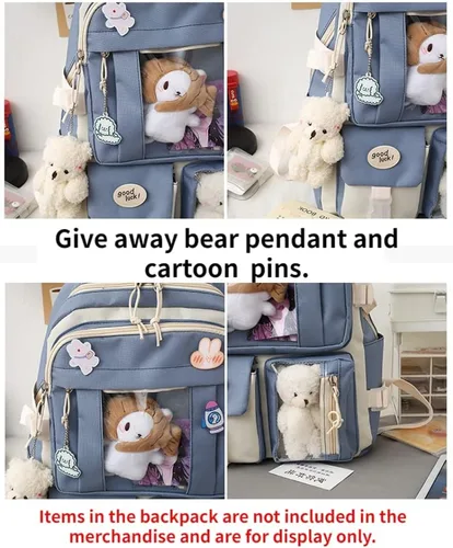 Miniatura 6 de Mochila de viaje para mujer, 5 unidades, diseño de oso con diseño de dibujos animados, alfileres de alta capacidad, ligero, kawaii, preppy, mochila