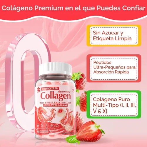Miniatura 9 de Gomitas de péptido de colágeno para mujeres y hombres, sin azúcar, multicolágeno hidrolizado con 1500 mg de proteína tipo I, II, III, V, X, 5000 mcg