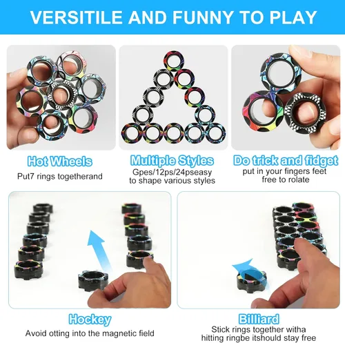 Miniatura 7 de 12Pcs Magnetic Rings Fidget Toys Pack, Magnets Finger Spinner for ADHD Stress Relief, Tire Style Magical Fidget Rings for Training Relieves Autism