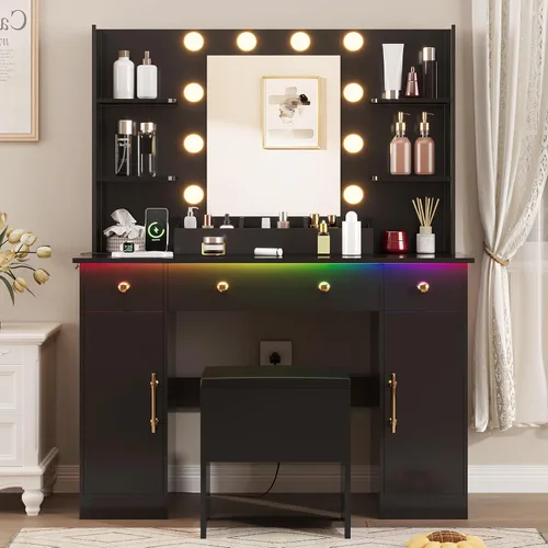 Miniatura 19 de HUANLEGO Escritorio de tocador con espejo y luces, tocador de maquillaje con espejo y luces LED y toma de corriente, 3 cajones y armarios, 3 modos