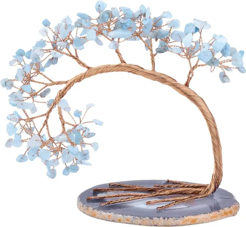 SUNYIK Árbol de dinero de aguamarina curativa, árbol bonsái de cristal Fengnshui hecho a mano con base de ágata para suerte de riqueza, decoración