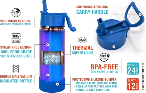 Miniatura 3 de CHILLOUT LIFE Botella de agua aislada para niños de 17 onzas para la escuela con tapa con pajilla, a prueba de fugas y bonitas calcomanías Azul