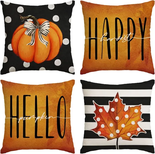 Miniatura 8 de Juego de 4 fundas de almohada de otoño de 12 x 12 pulgadas, fundas de almohada de calabazas de Acción de Gracias, fundas de cojín decorativas