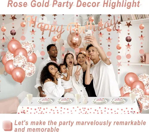 Miniatura 2 de Suministros de fiesta de cumpleaños de oro rosa para 20 invitados, pancarta de feliz oro rosa, guirnalda de puntos circulares con purpurina